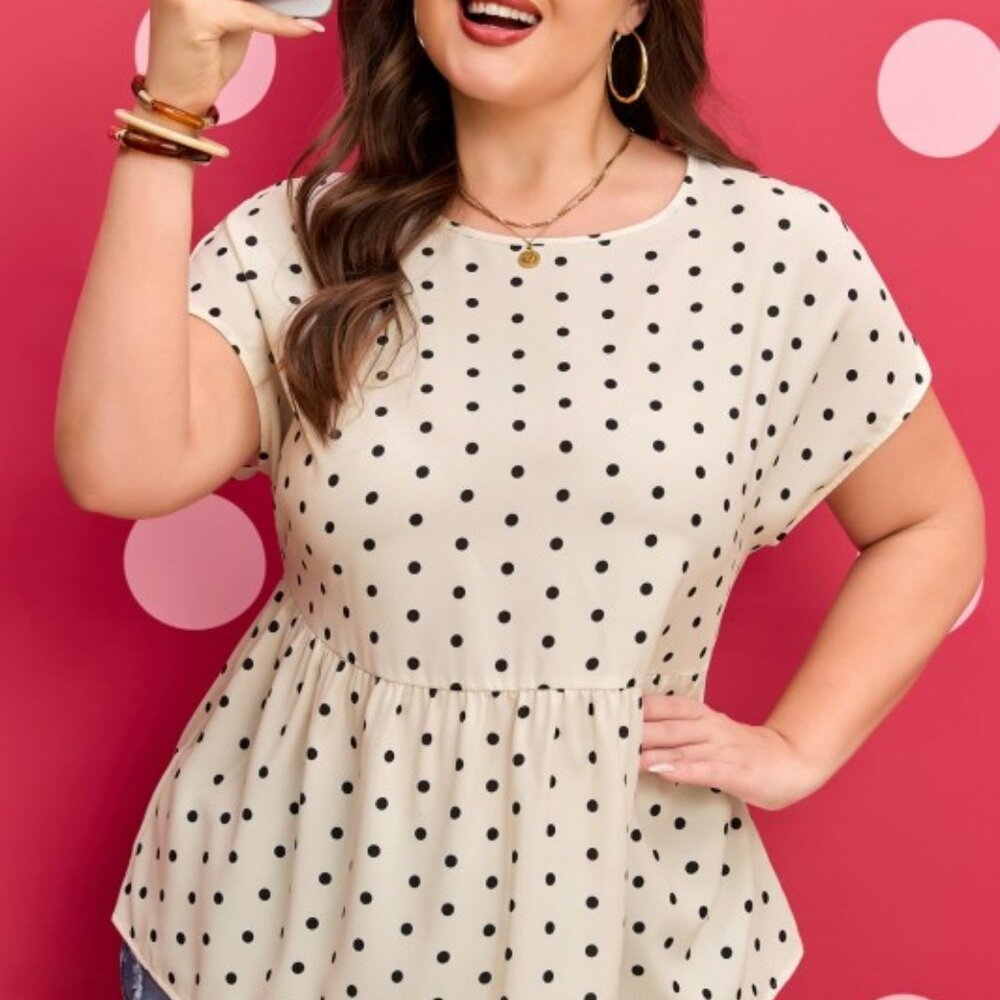 Plus Size Polka Dot Button Back Babydoll Blouse